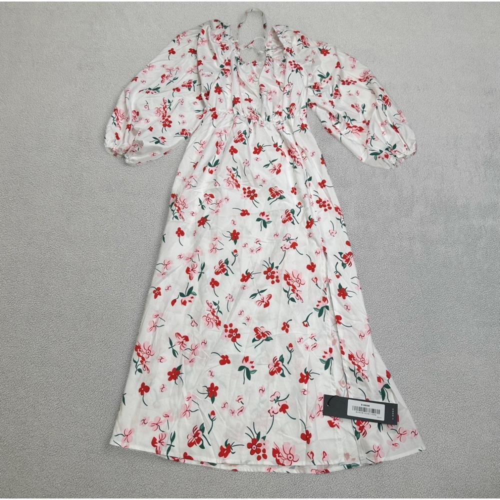 S. Deer Midi Dress Womens M White Floral Print Puff Sleeve Square Neck NWT